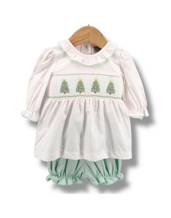 Christmas Tree Smocked Bloomer Set