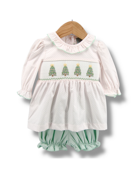 Christmas Tree Smocked Bloomer Set
